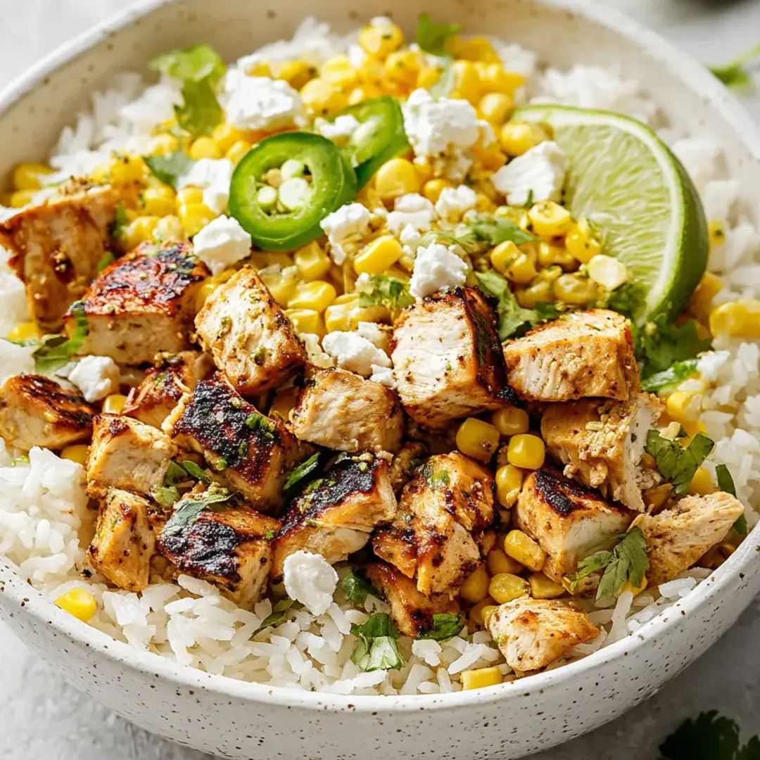 A bowl filled with rice, chicken, and colorful veggies.