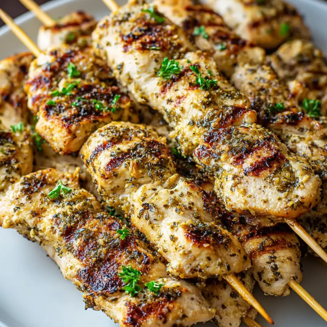 Grilled chicken skewers stacked on a plate and topped with fresh herbs.