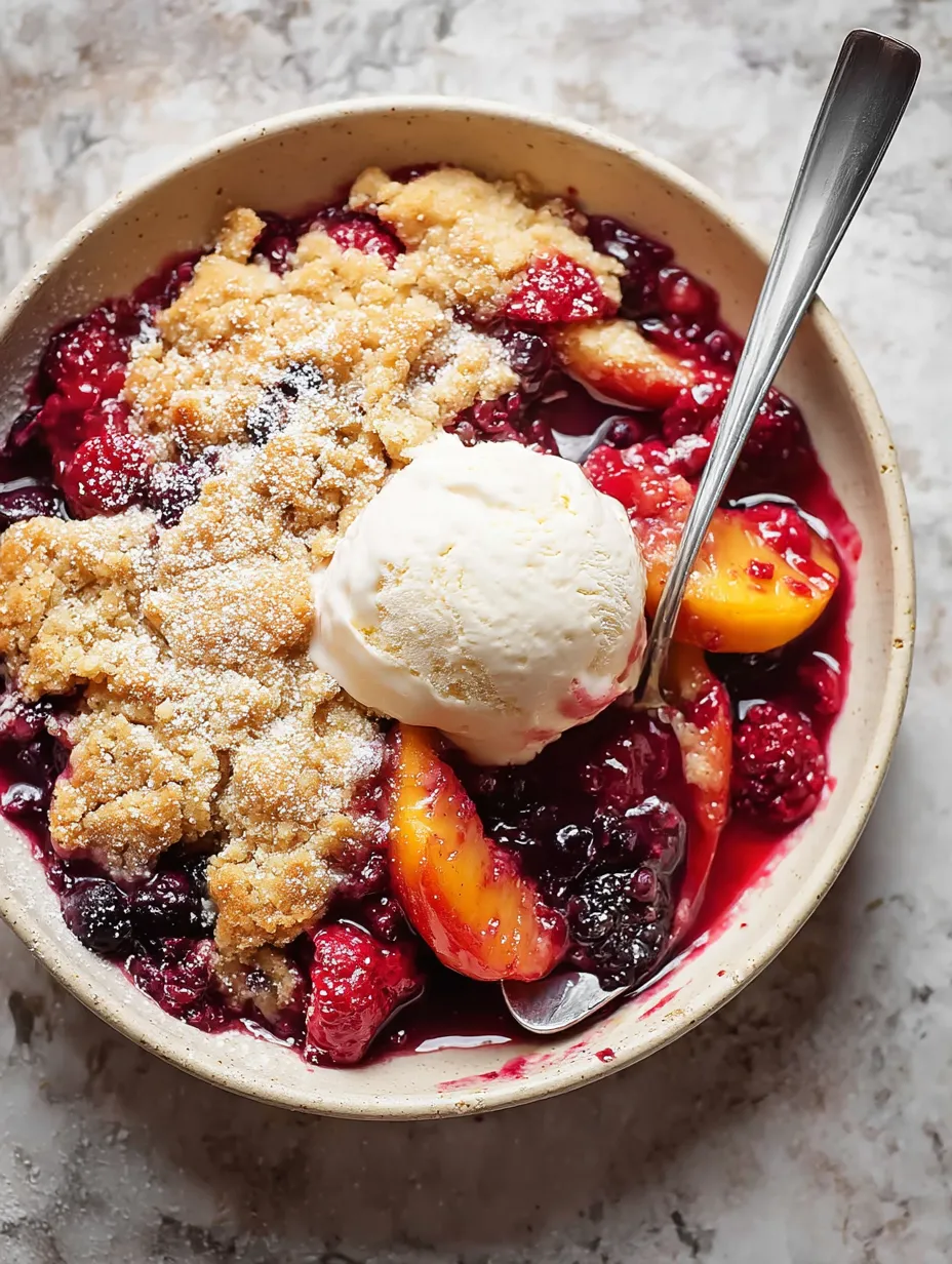A bowl with baked fruit and melting vanilla ice cream sitting on top.