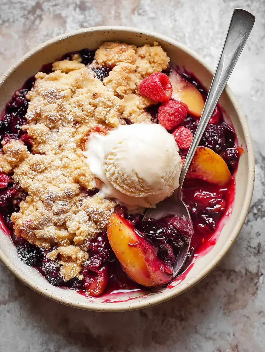 A serving of fruit topped with creamy vanilla ice cream in a bowl.