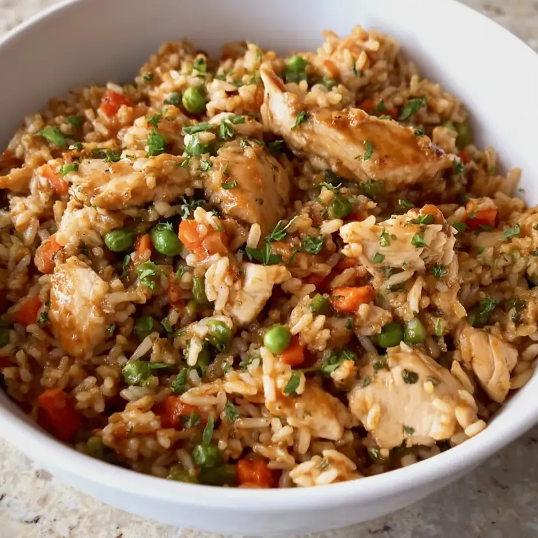 A bowl packed with chicken, rice, and colorful veggies.