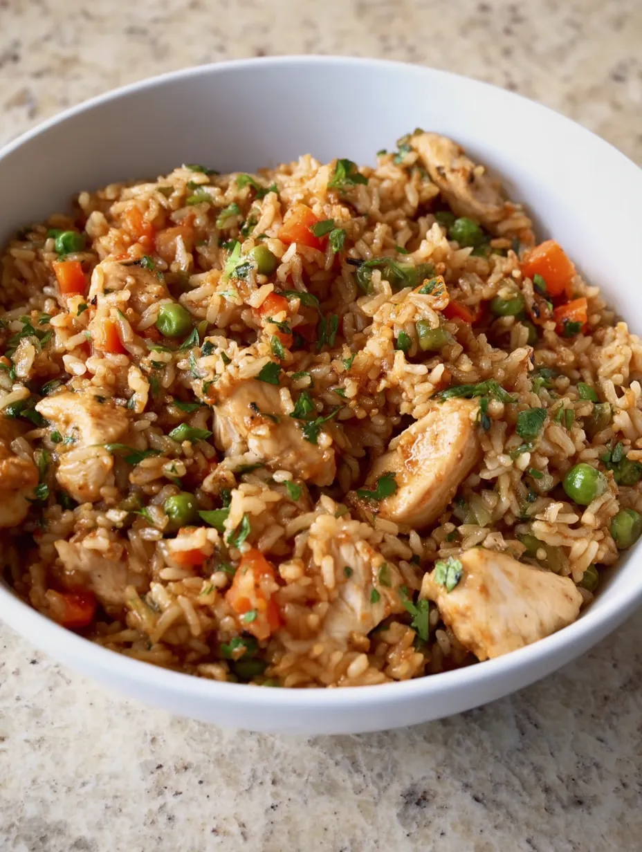 A bowl featuring rice, chicken, and peas.