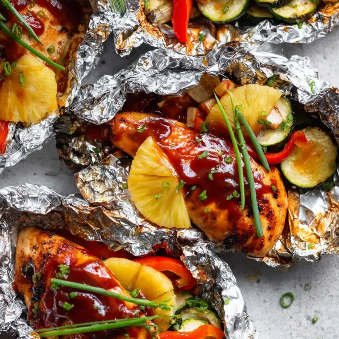 Foil with juicy chicken and pineapple up close.