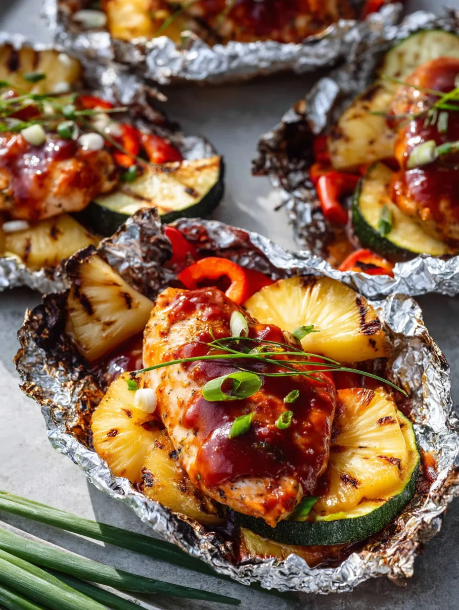 Plate stacked with pineapple, squash, and juicy chicken.