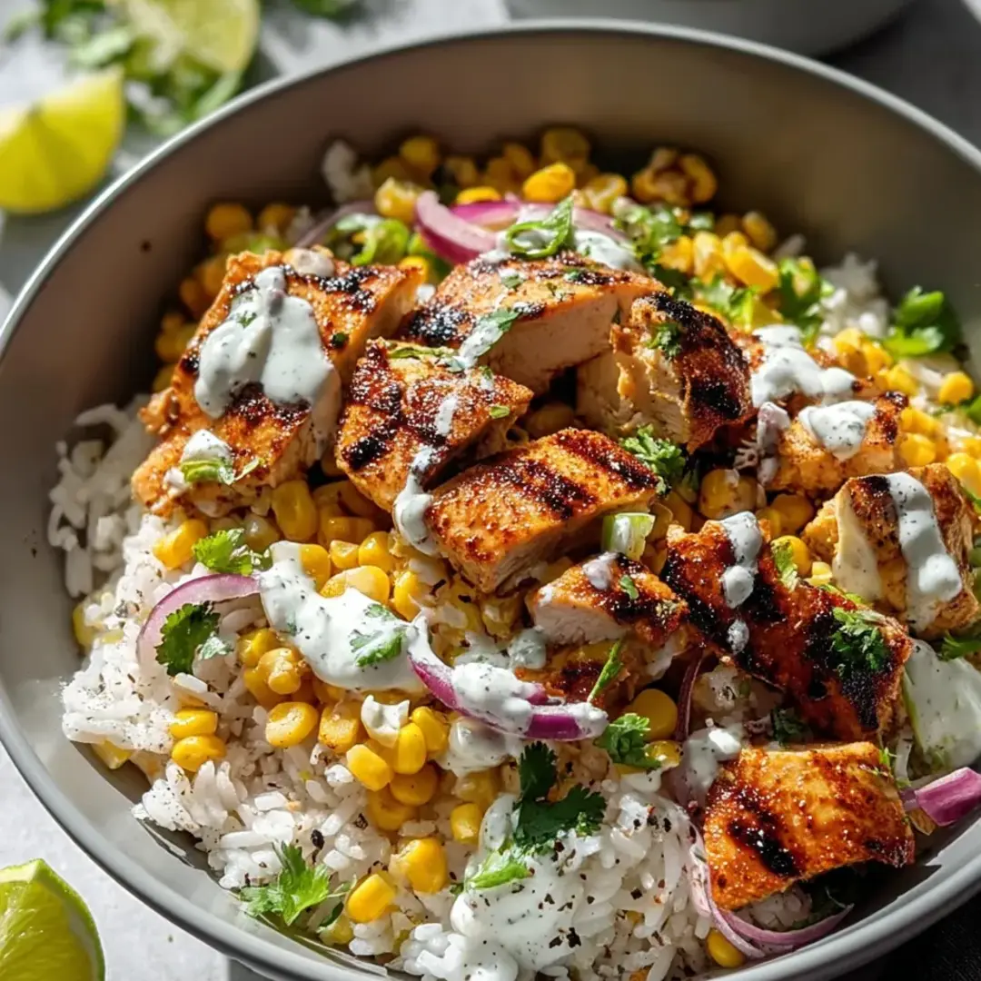 A big serving of fluffy rice, charred corn, seasoned chicken, and onions all in one bowl.