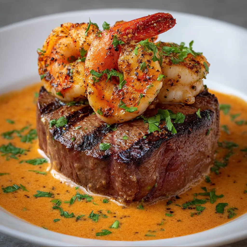 A plate stacked with steak and grilled shrimp.