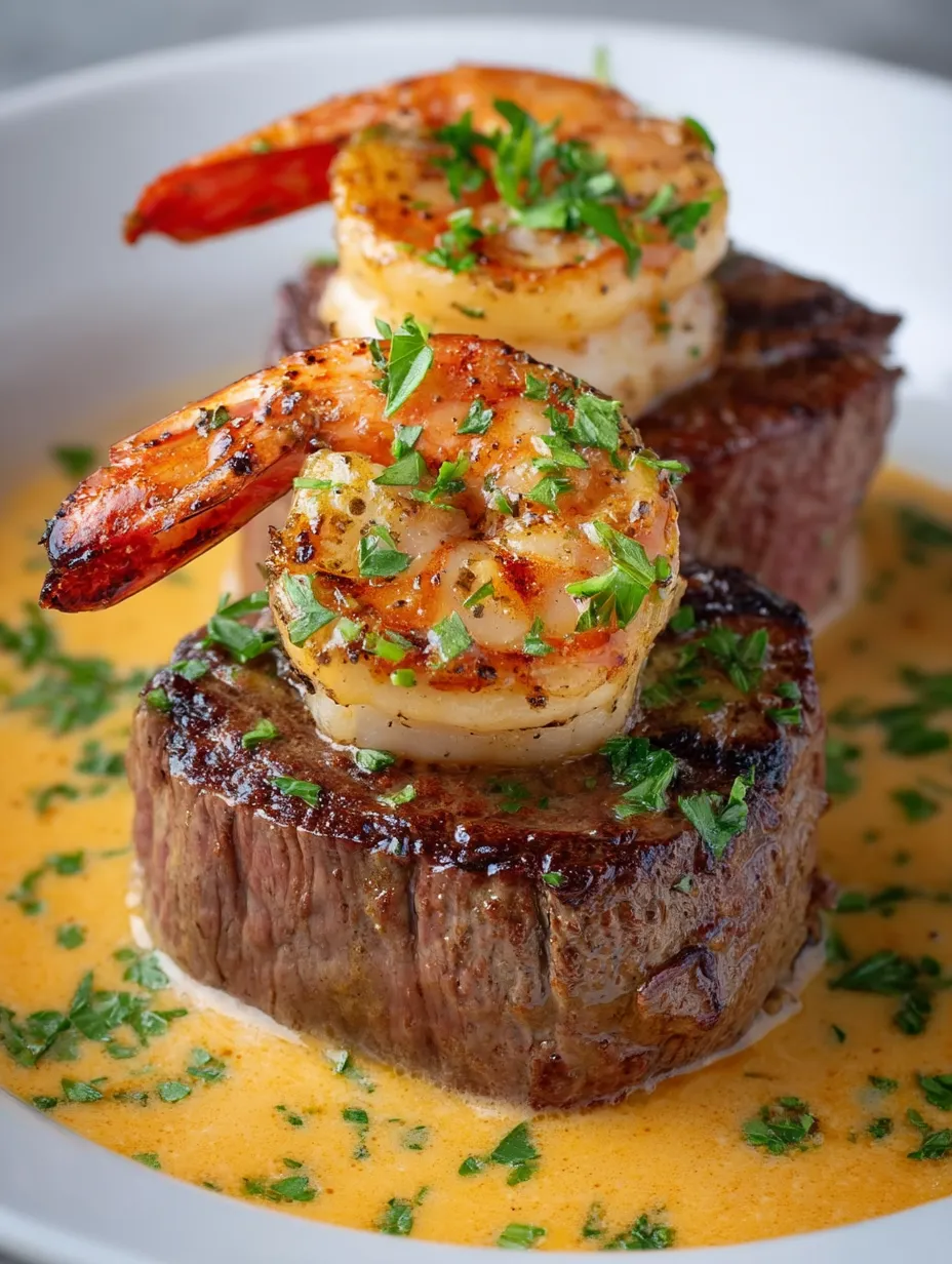 Steak topped with grilled shrimp.