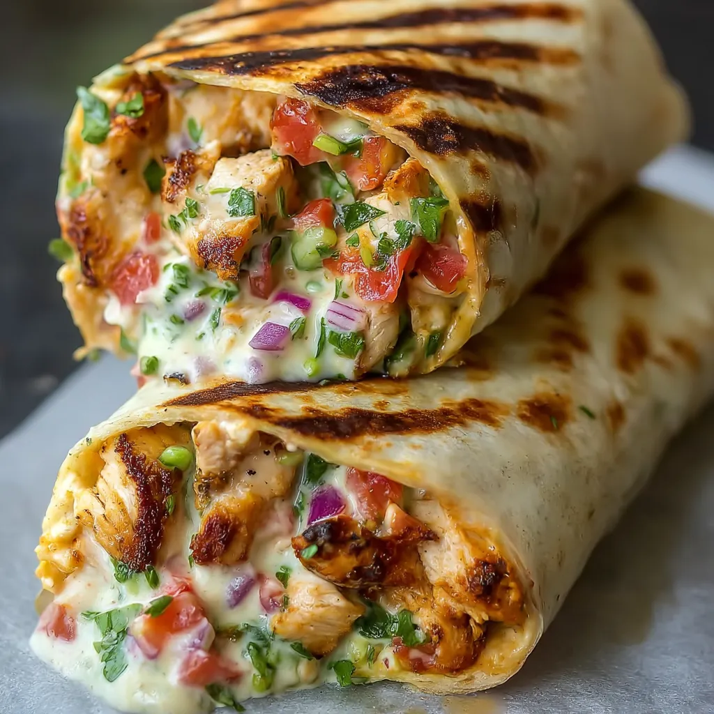 Chicken burrito packed with tomato and lettuce inside.