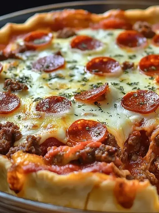 Cheesy pepperoni pie on a cutting board.
