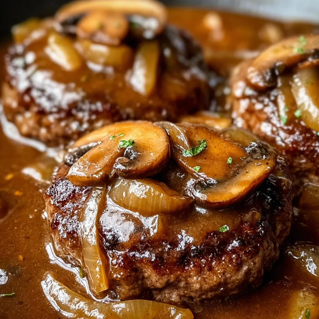 Up-close of a plate piled high with beef and mushrooms.