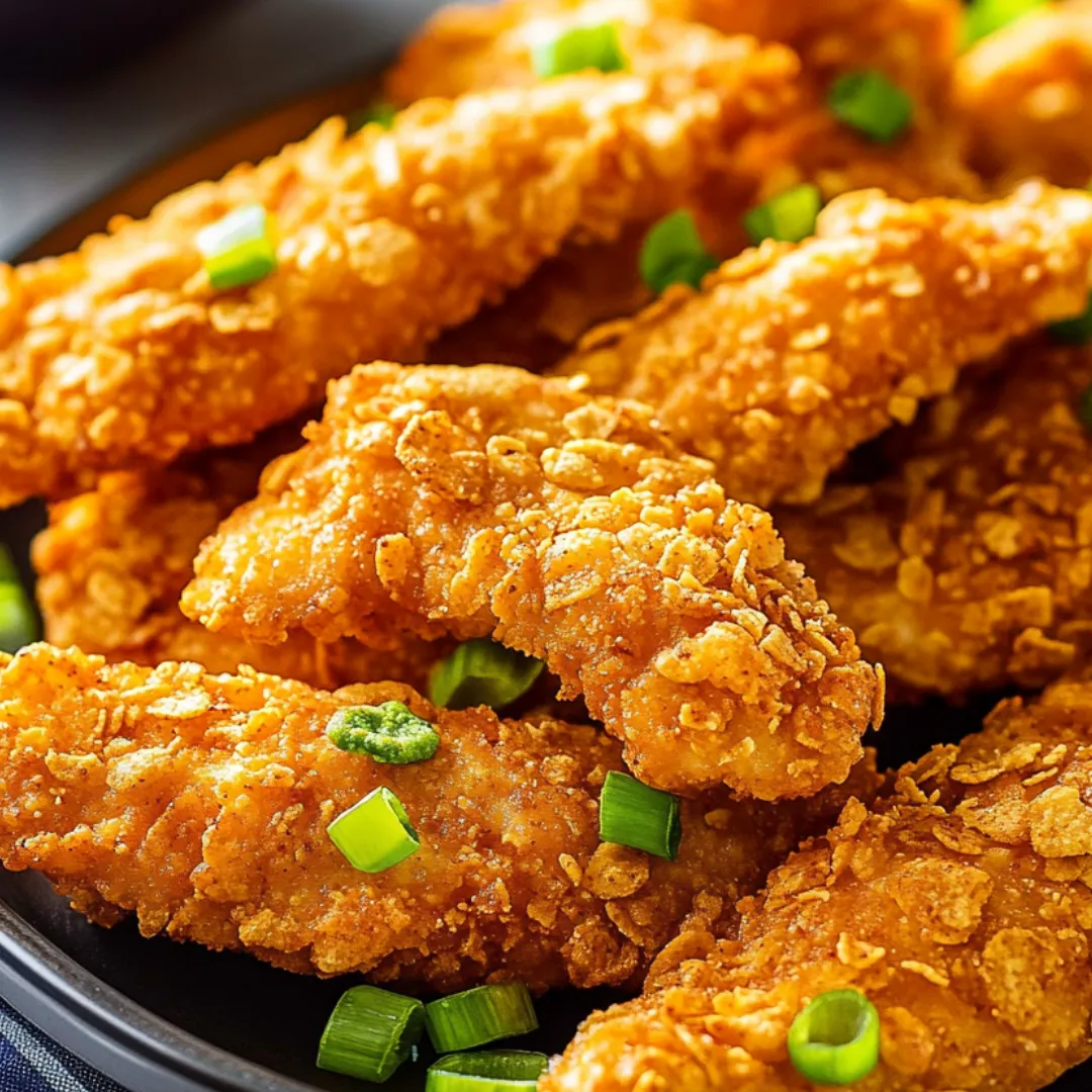 Chicken tenders stacked on a plate with sliced green onions.
