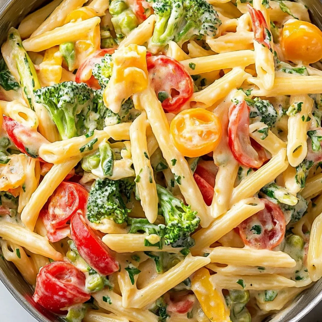 Bowl of pasta tossed with broccoli, tomatoes, and other vegetables.