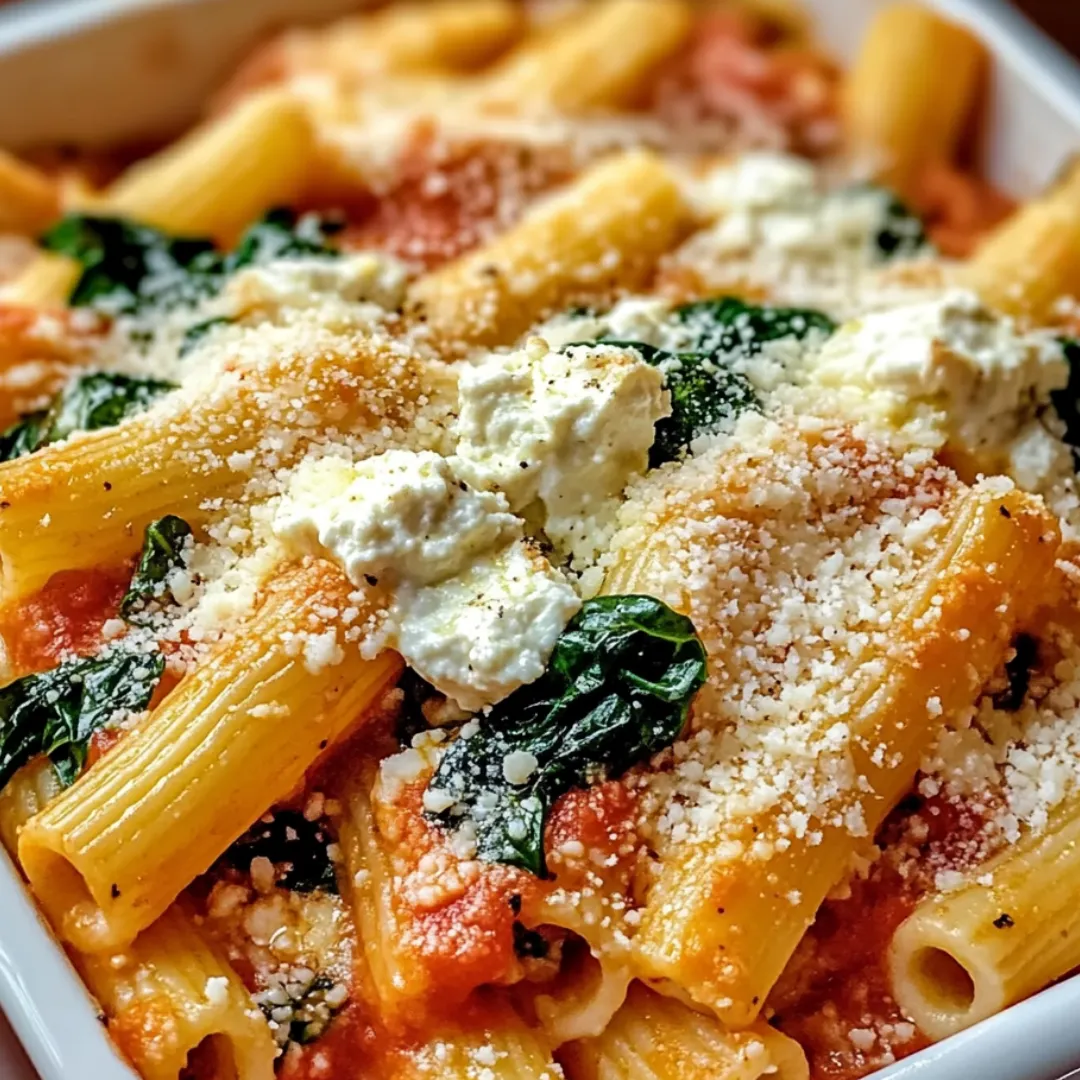 Cheesy pasta in a bowl with spinach and melted cheese.