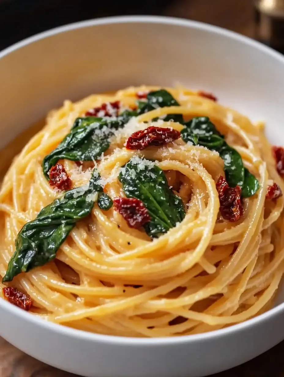 A bowl filled with pasta, wilted spinach, and bright peppers.