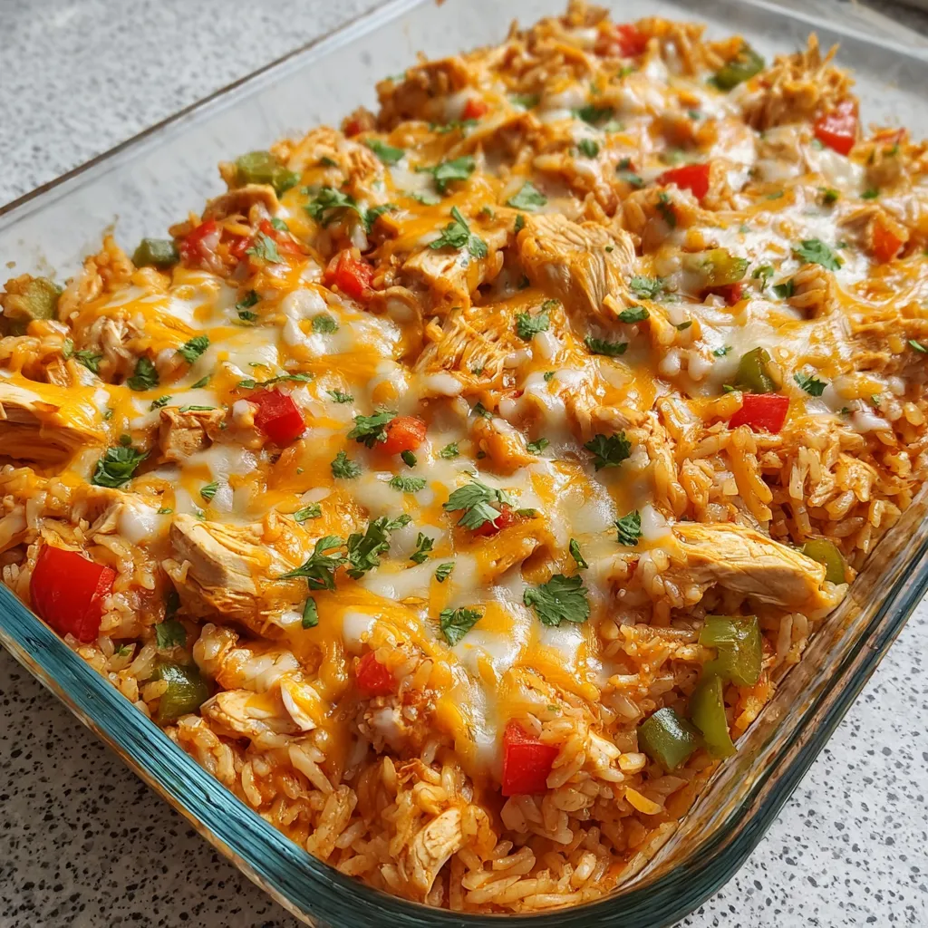 A serving dish filled with chicken and rice.