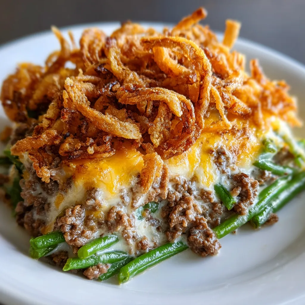 A hearty plate piled with food topped with crunchy onion rings.
