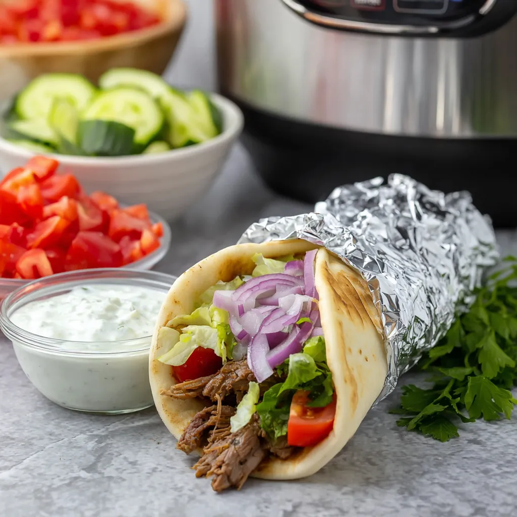 A handheld wrap stuffed with meat and crunchy veggies sits on a tabletop.