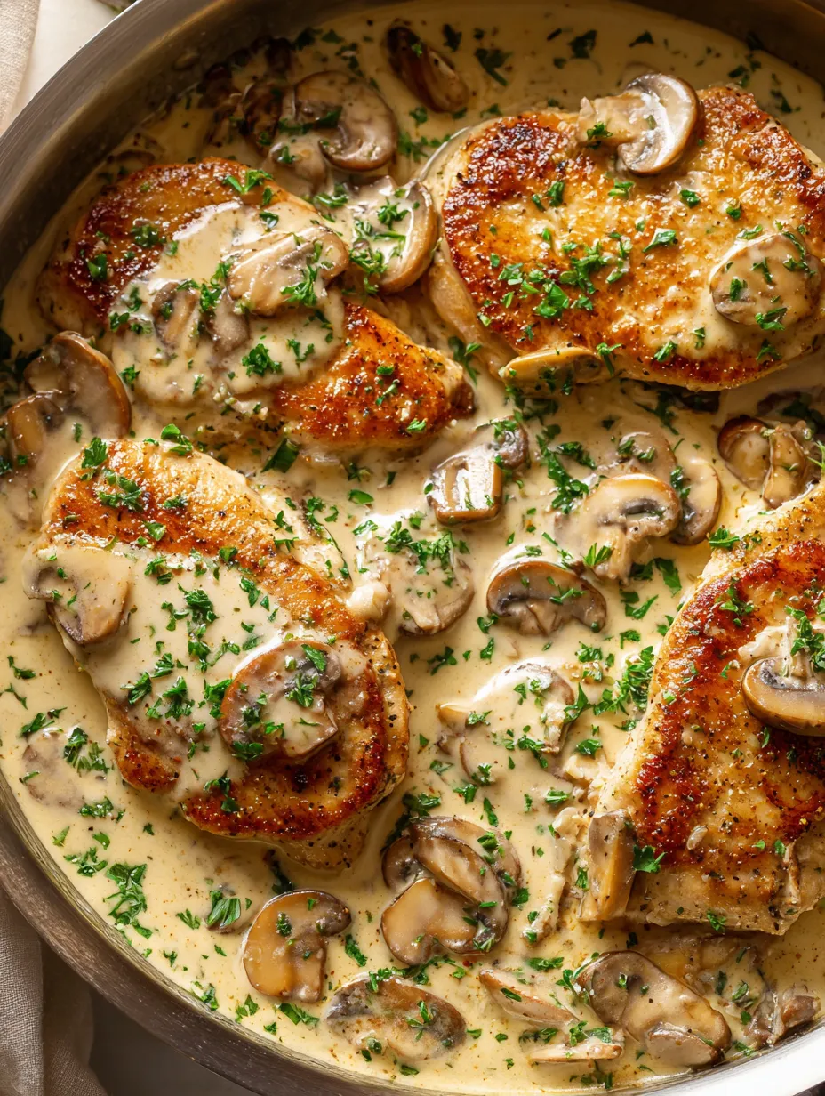A pan of chicken with mushrooms and herbs on top.
