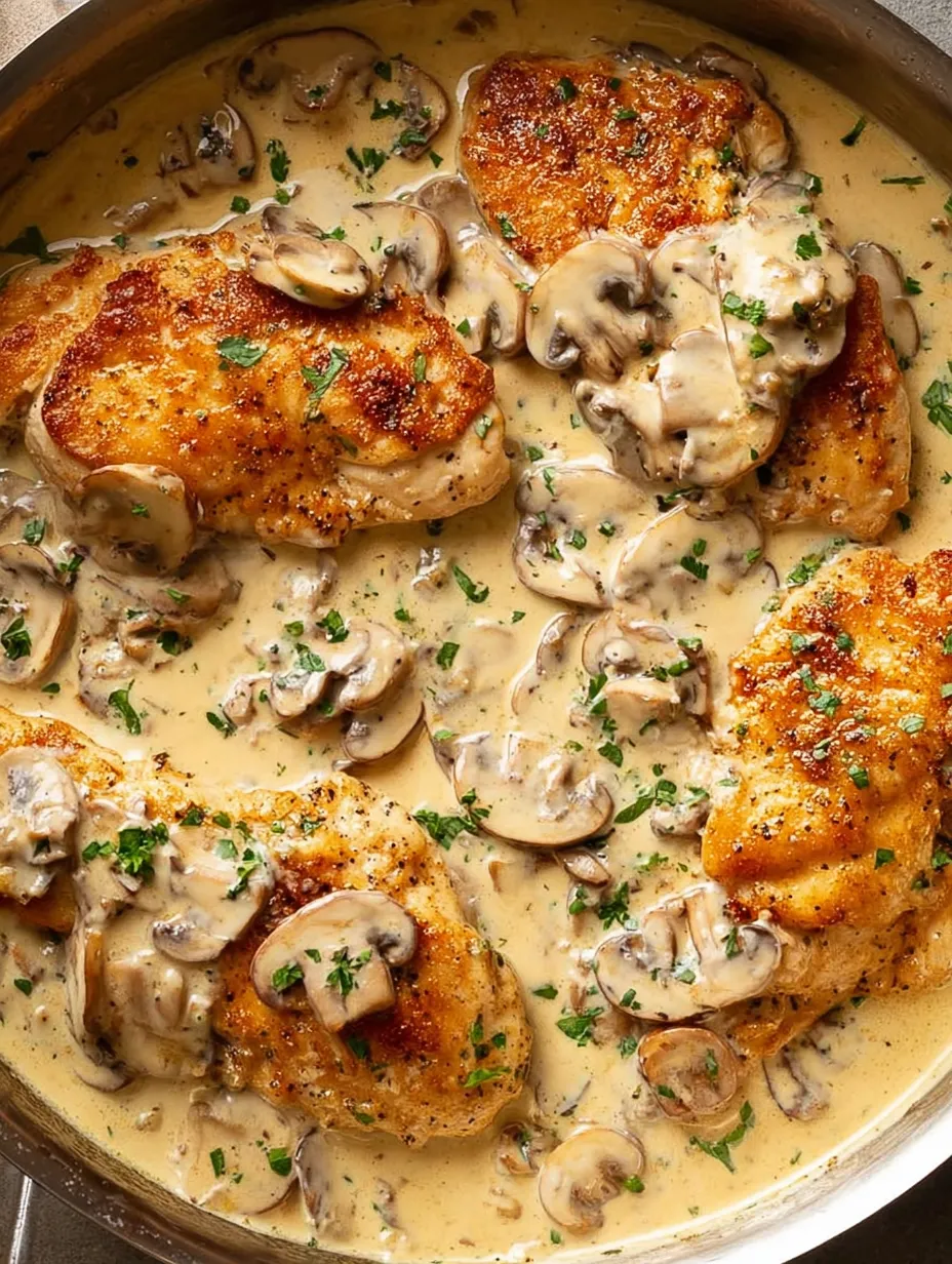 Chicken and mushrooms with chopped herbs on top.
