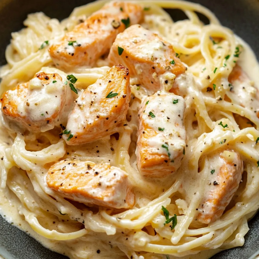 A bowl stacked with pasta, chicken pieces, and melted cheese.
