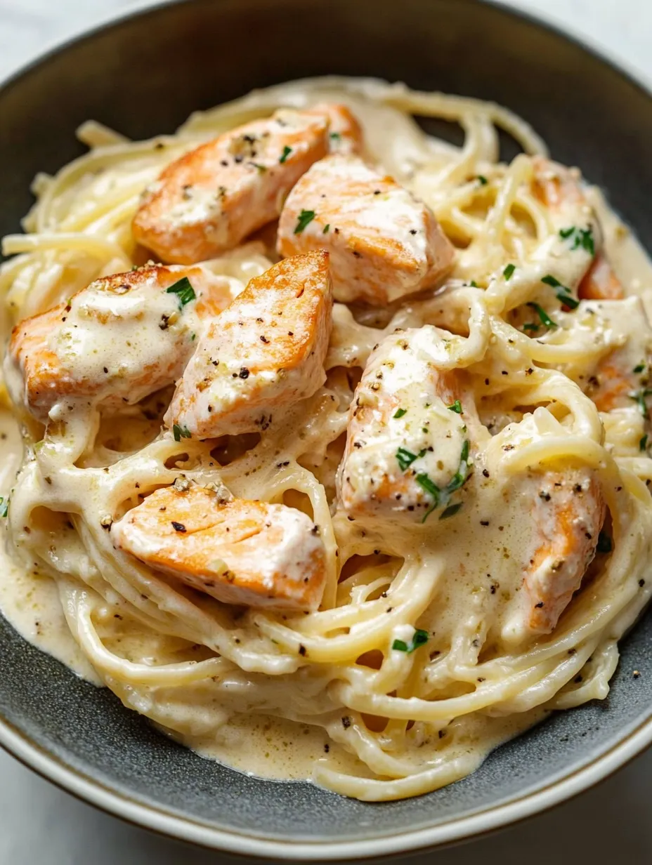 A bowl of pasta with chicken and herbs.