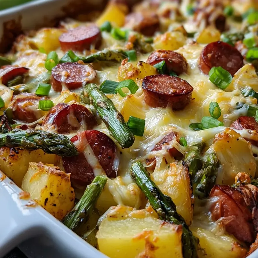 A dish packed with sausage, potatoes, and asparagus.
