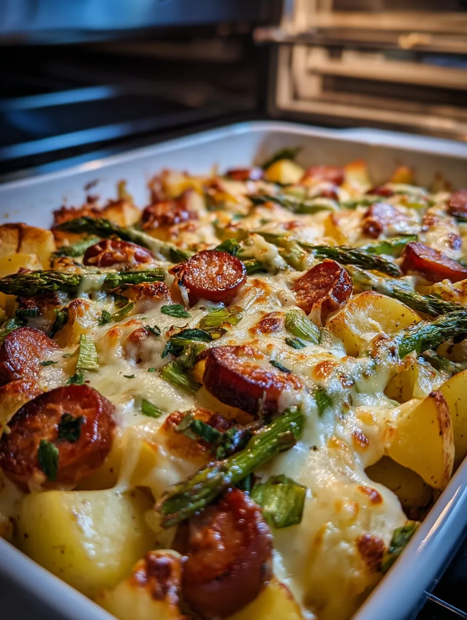 A dish with golden potatoes, sausage, and green asparagus.