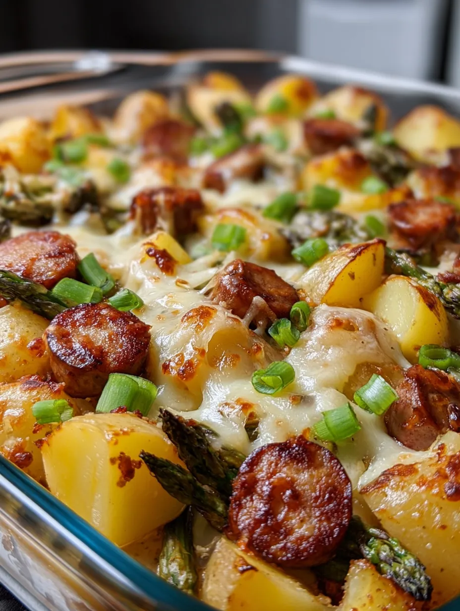 A meal in a pan with potatoes, bright asparagus, and sausage pieces.