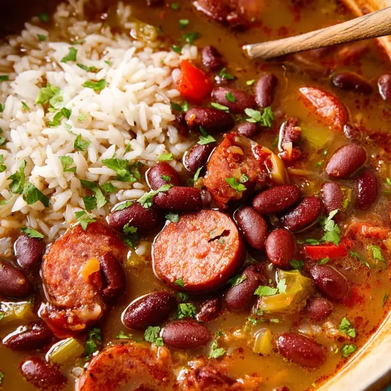 A bowl heaped with beans, rice, and sausage.