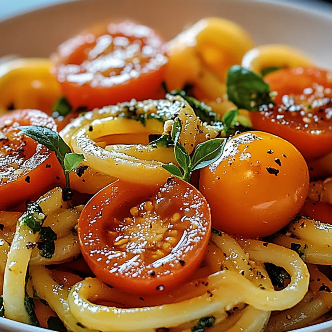 Pasta in a bowl with basil leaves and tomatoes.