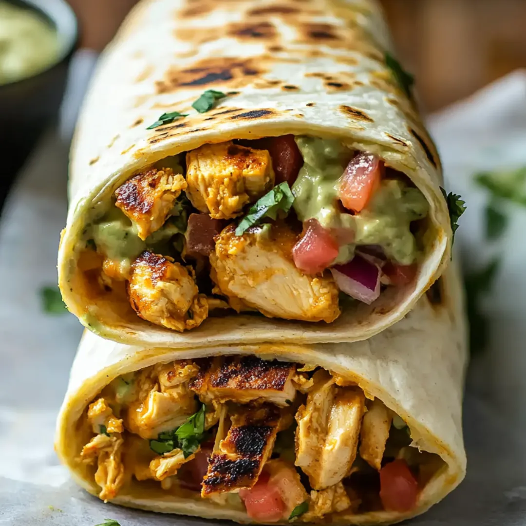 Chicken-stuffed burrito with pineapple peeking out.