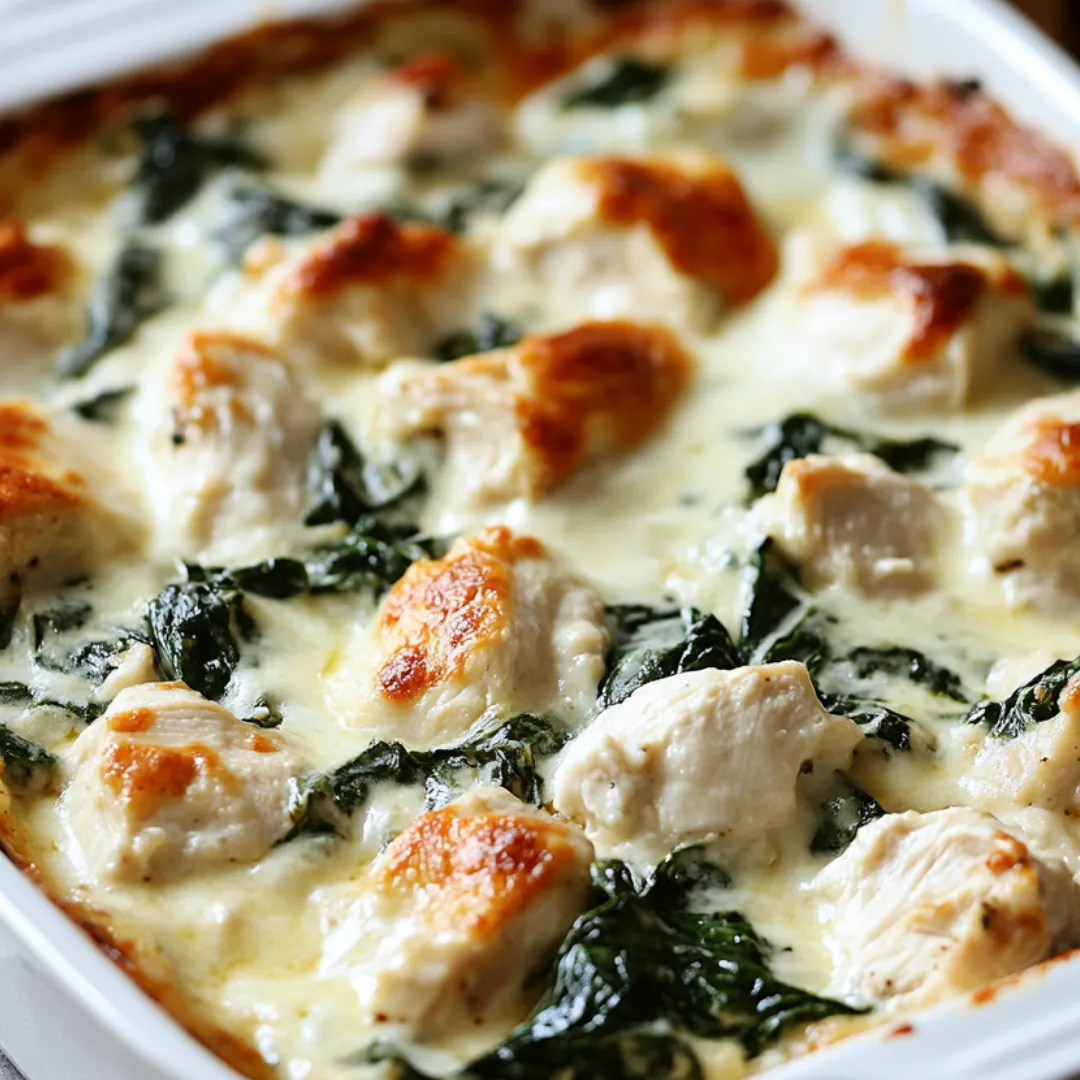 A plate filled with chicken and spinach goodness.