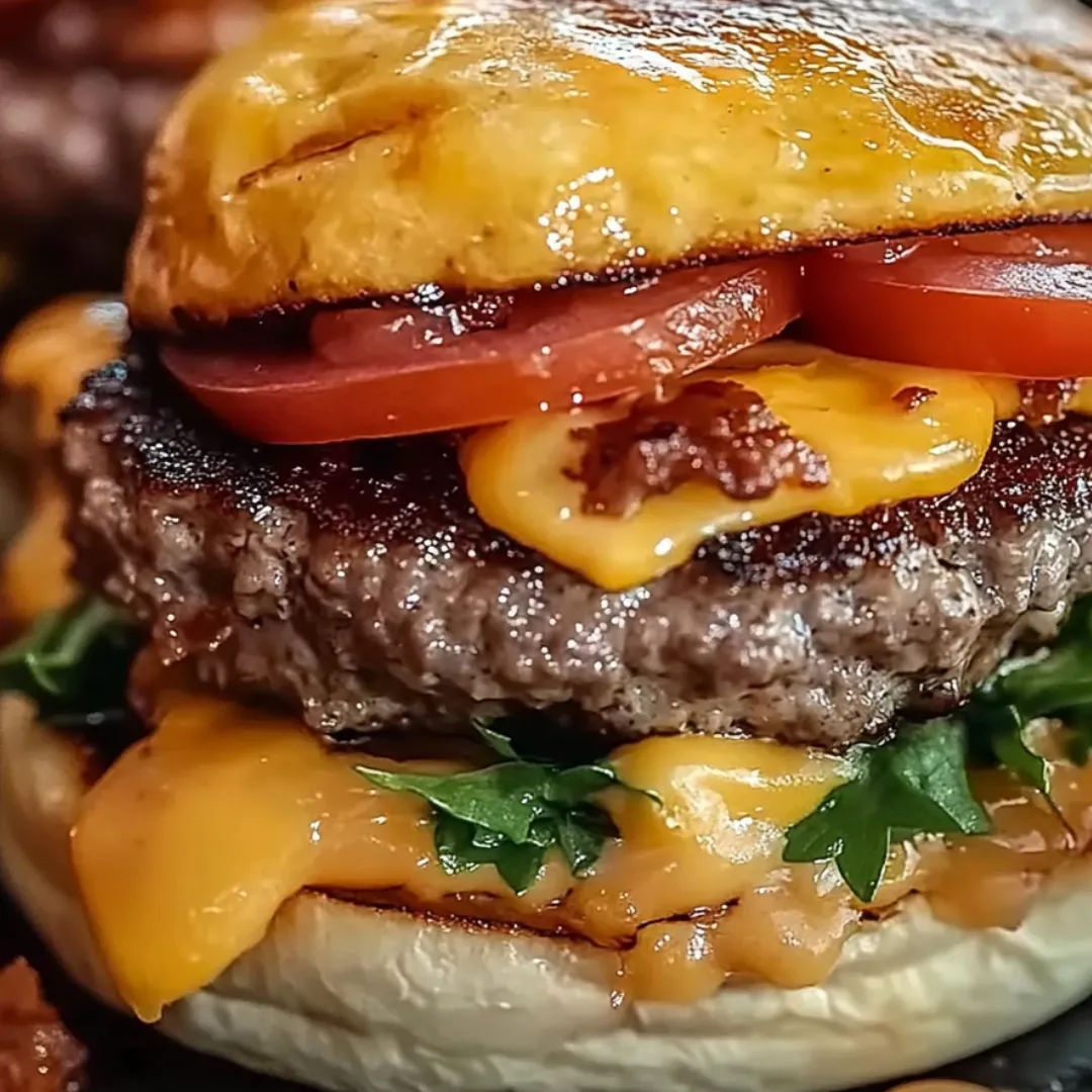 Big juicy burger with cheese and a tomato slice.