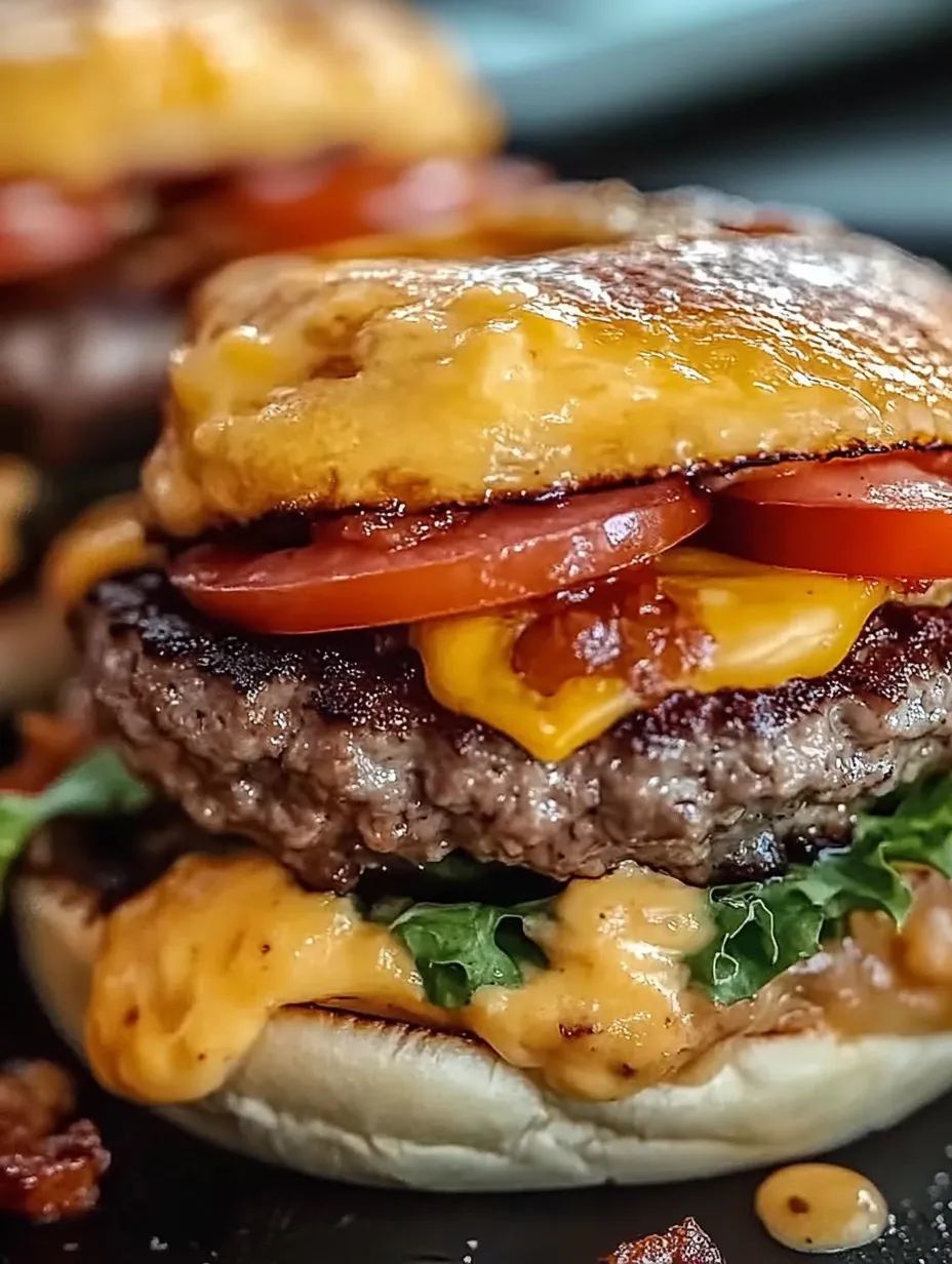 Close look at a burger loaded with bacon and tomato slices.