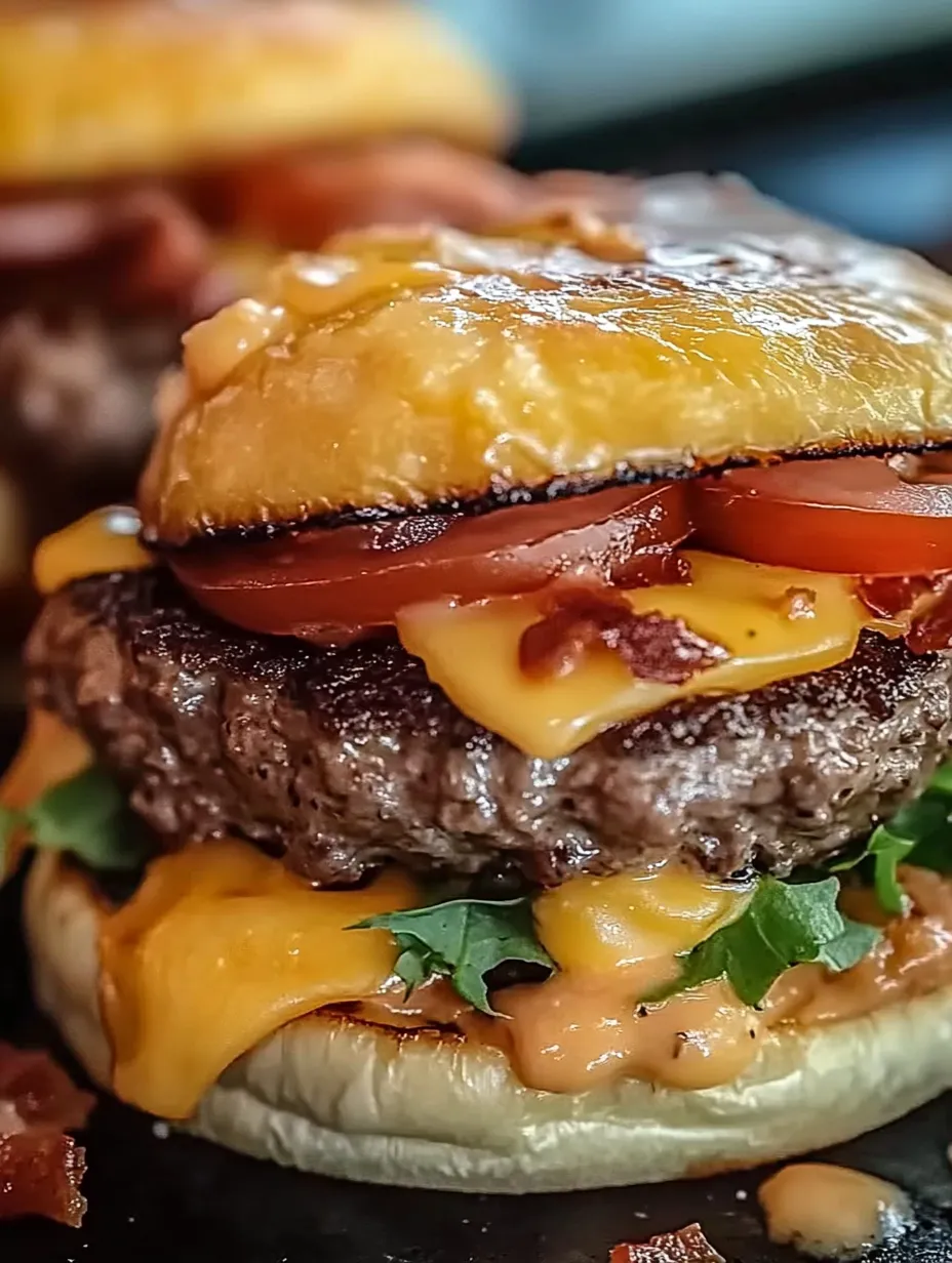 Burger with melting cheese, tomato, and crispy bacon.