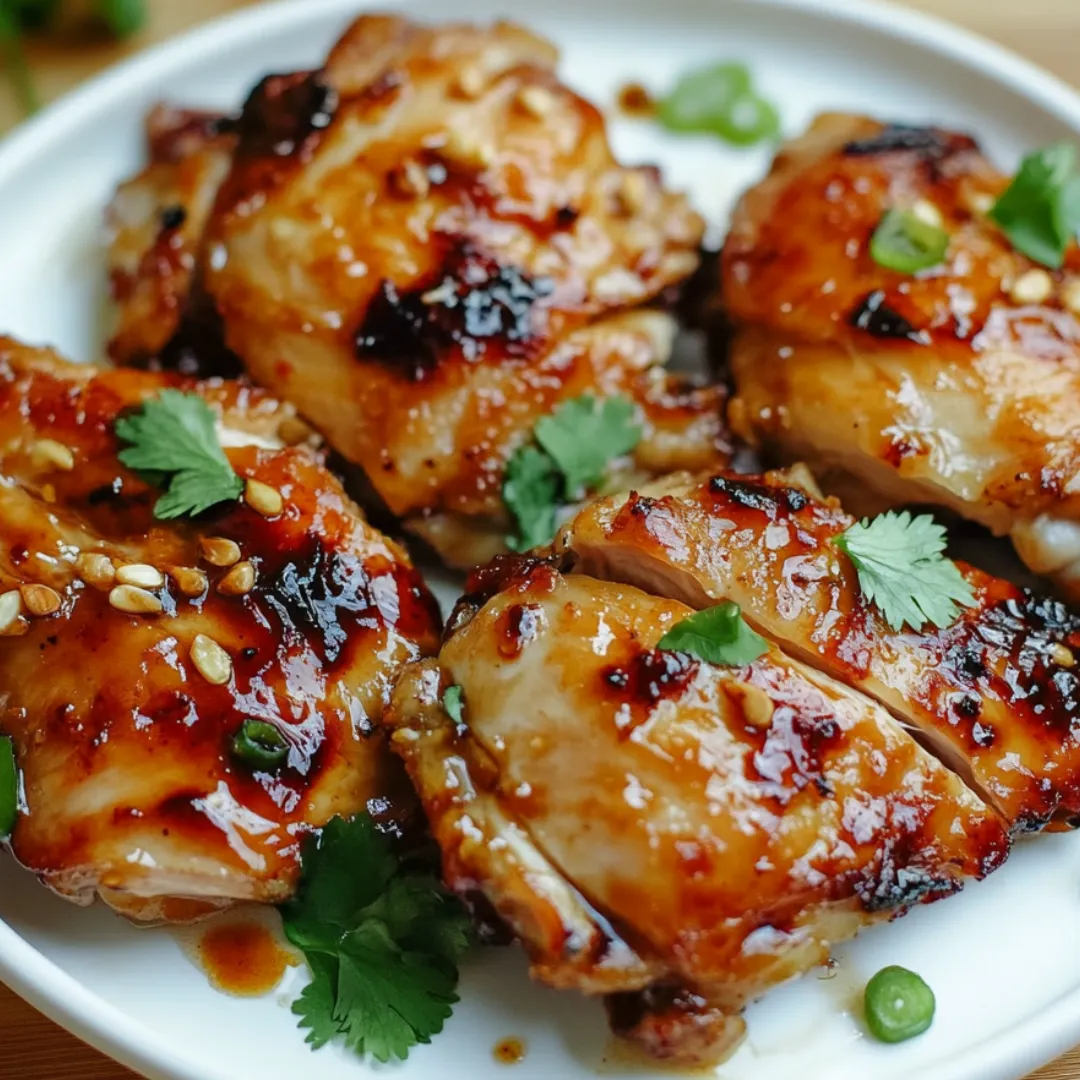 Chicken covered in a glossy sauce sits on a plate.