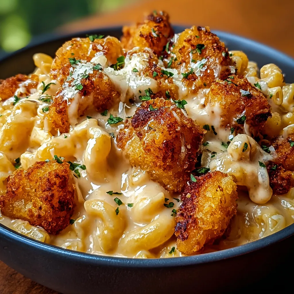 Mac and cheese in a bowl topped with crunchy chicken bites.