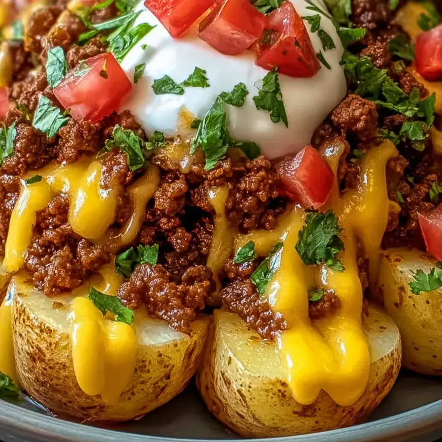A serving of hot potatoes loaded with melted cheese and toppings.