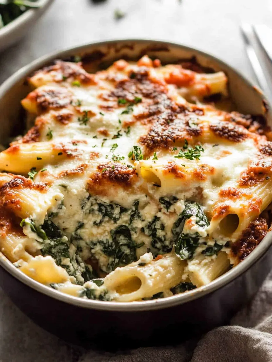 A bowl of pasta packed with spinach and melty cheese.