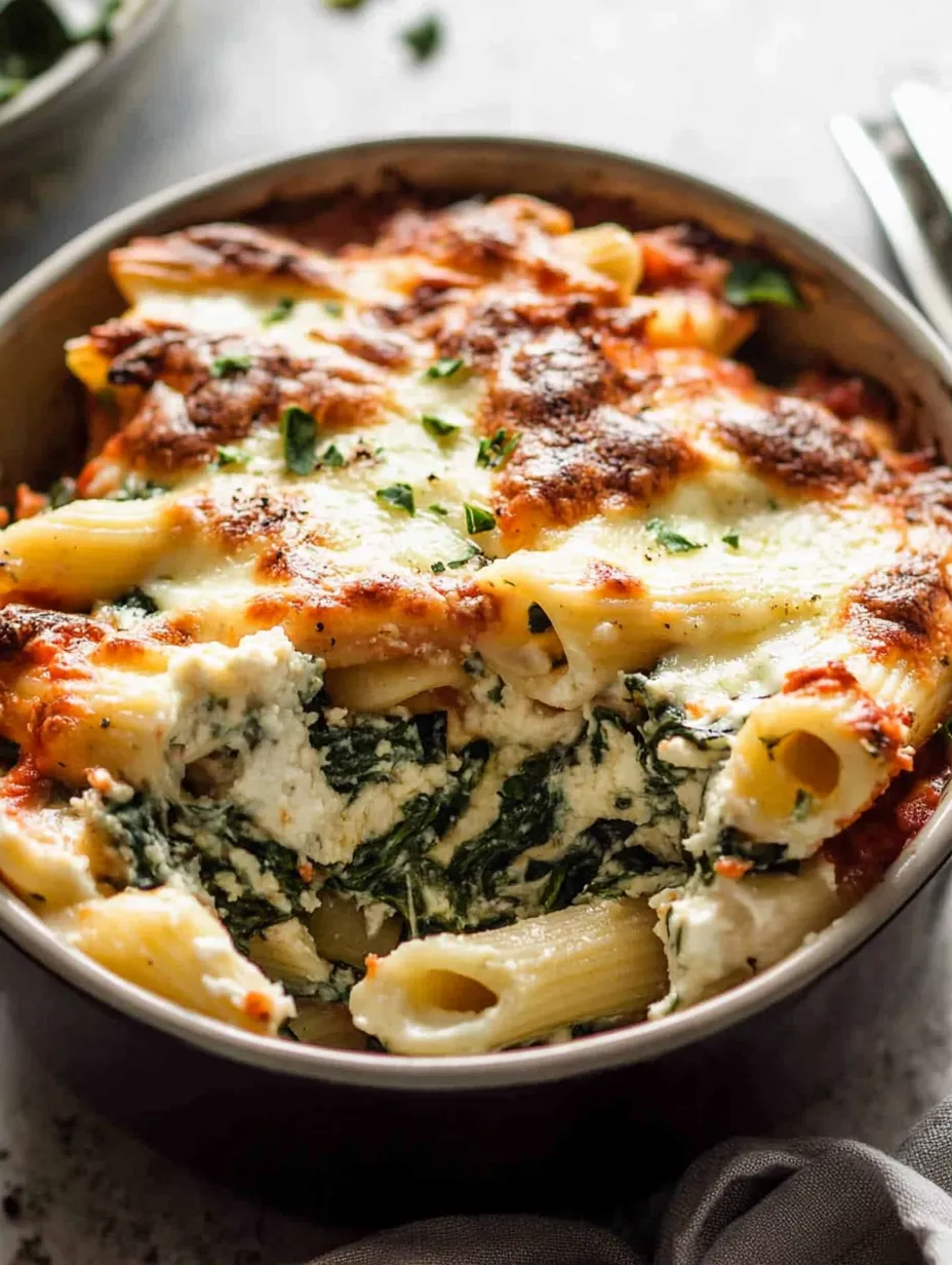 Steaming pasta with melted cheese and spinach in a bowl.