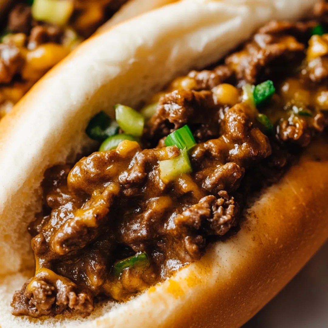 A loaded sandwich roll topped with savory beef and cheese.