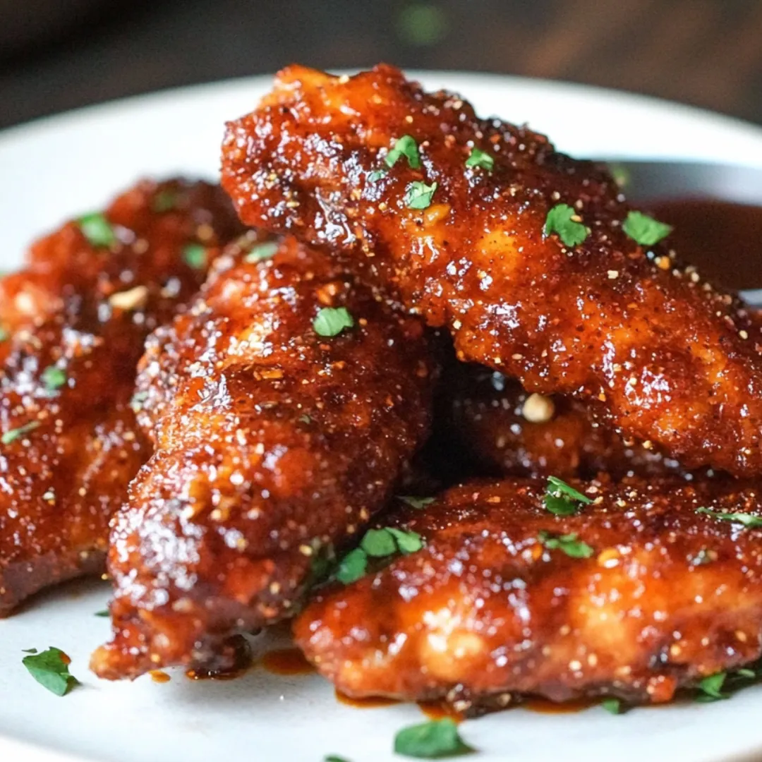 Barbecue chicken wings piled on a plate.