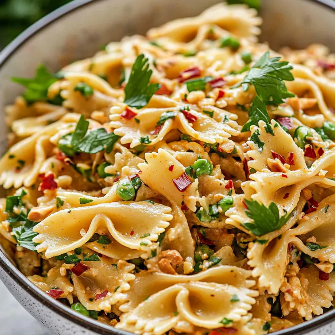 Noodles in a bowl with bright veggies and fresh herbs.