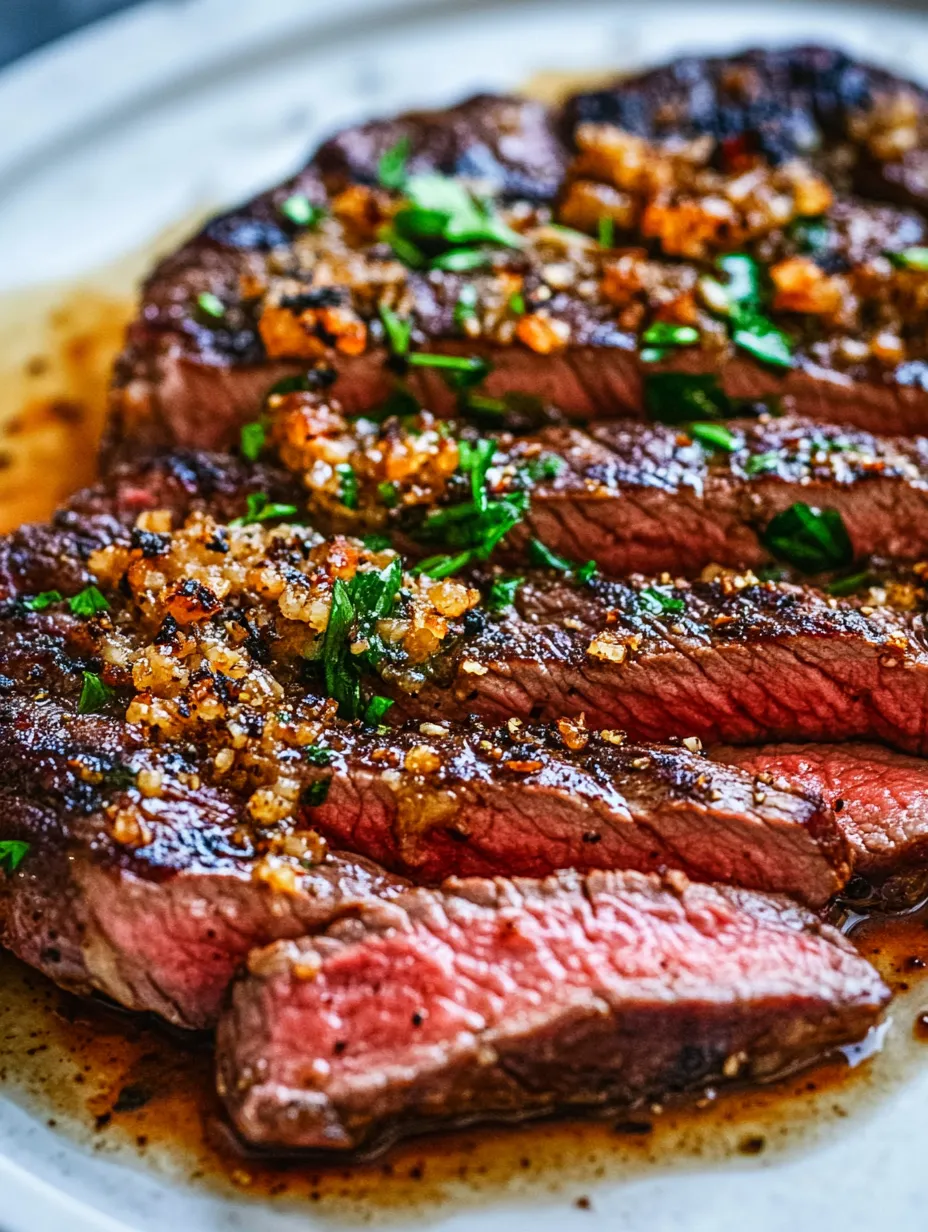 Close detail of seasoned beef with herbs on top.