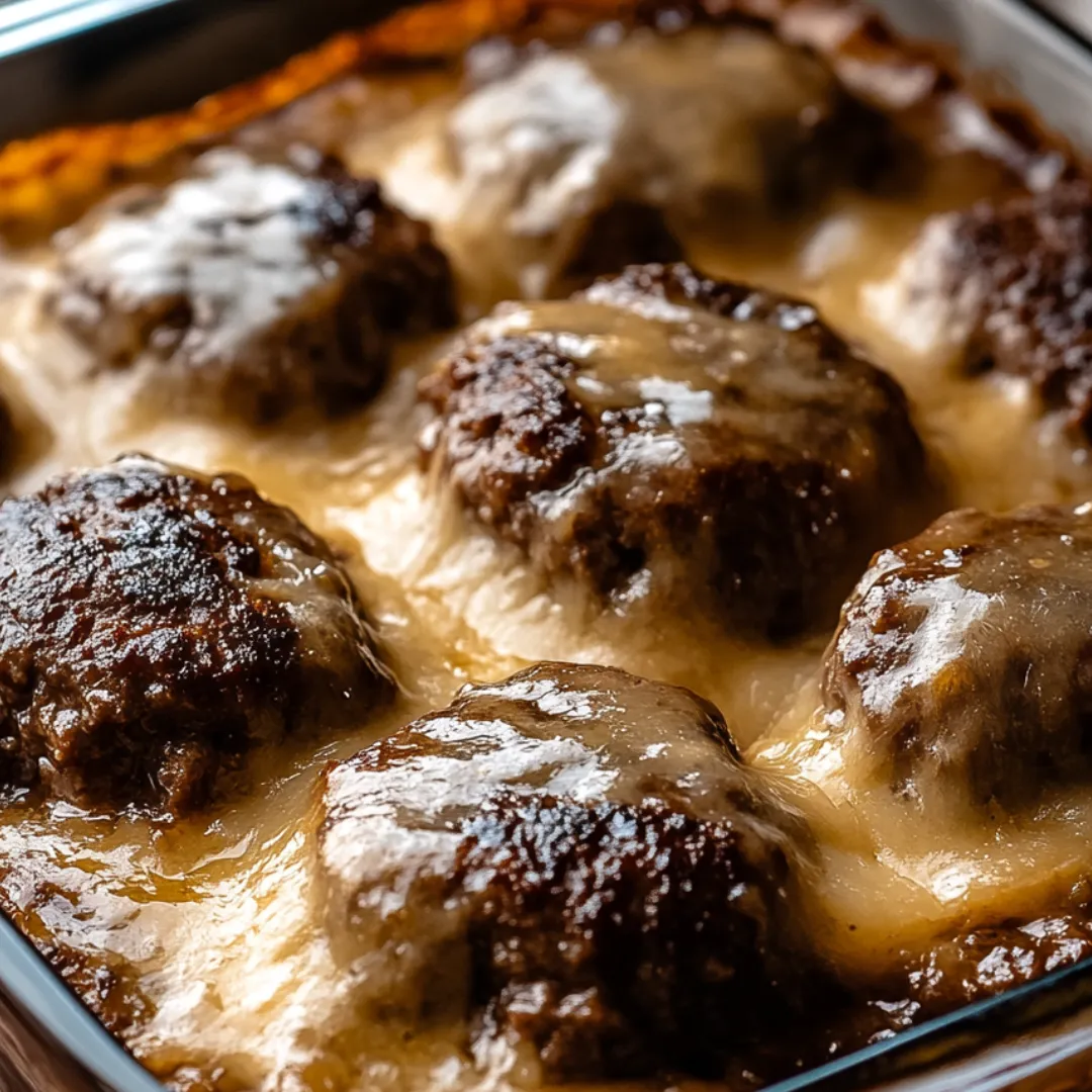 A skillet filled with cheesy meatballs.