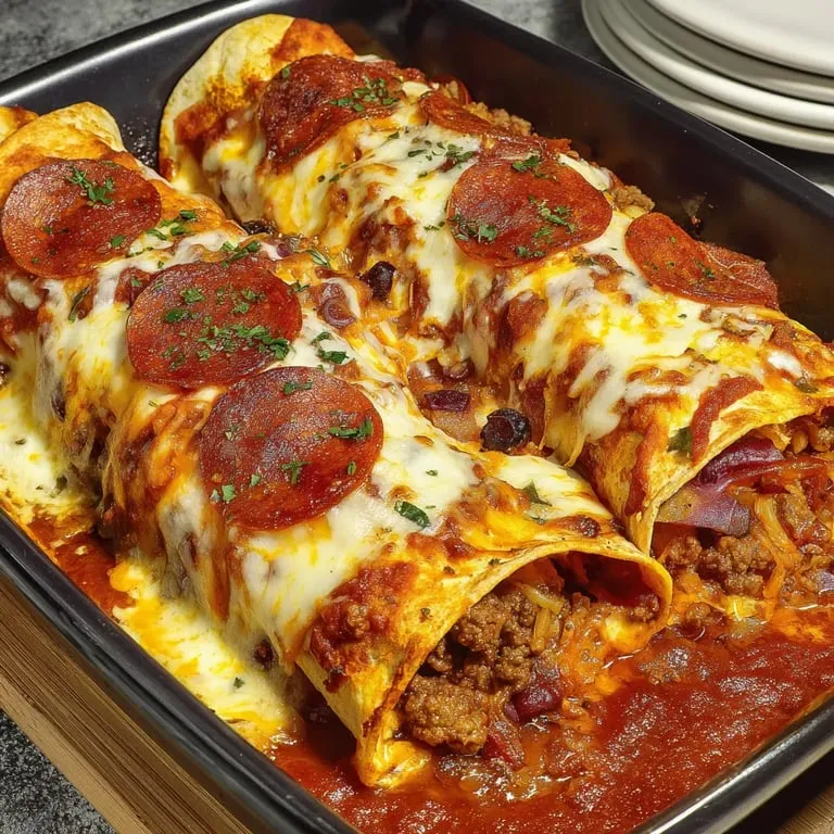 A casserole filled with cheese, pepperoni, and melty goodness.