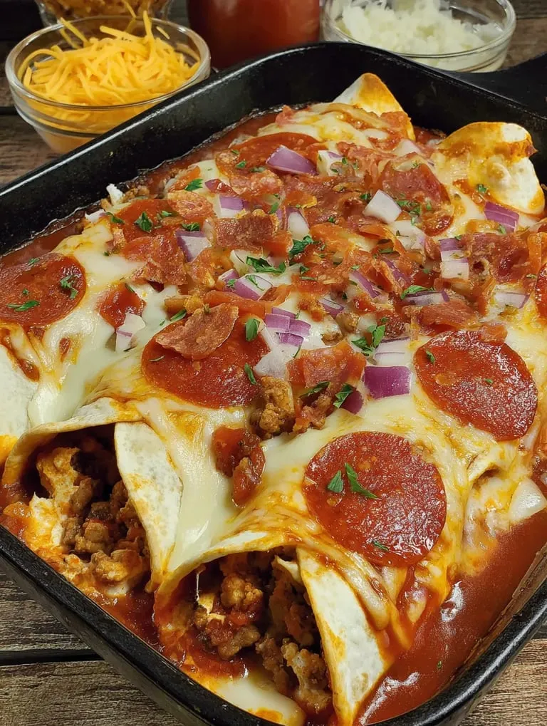 Sizzling tray with pepperoni, onions, and cheese.