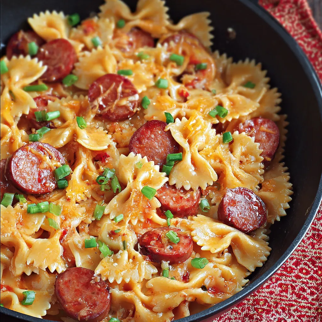 A bowl filled with creamy noodles, sausage, and veggies.