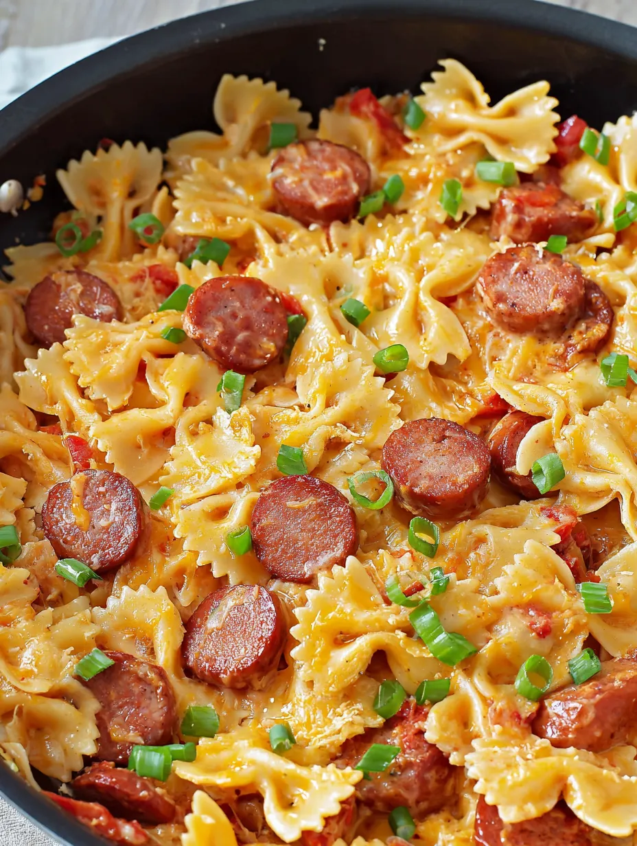 A bowl of pasta tossed with sausage and scallions.