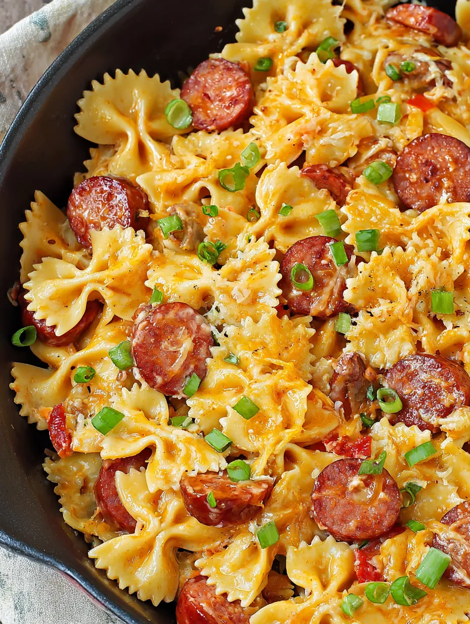 A bowl of pasta tossed with sausage and scallions.